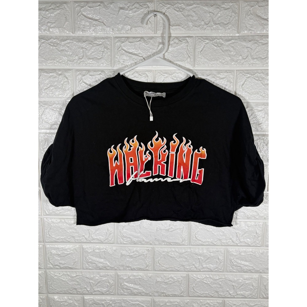 Bershka Walking Flame Cropped Boxy T-Shirt Top Graphic‎ Tee Black XS